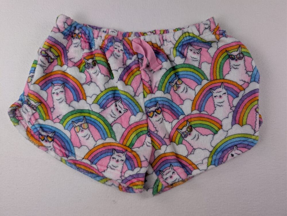 PJ Place Girls L 10/12 Rainbow Llama Fuzzy Fleece Pajama Shorts Pink
